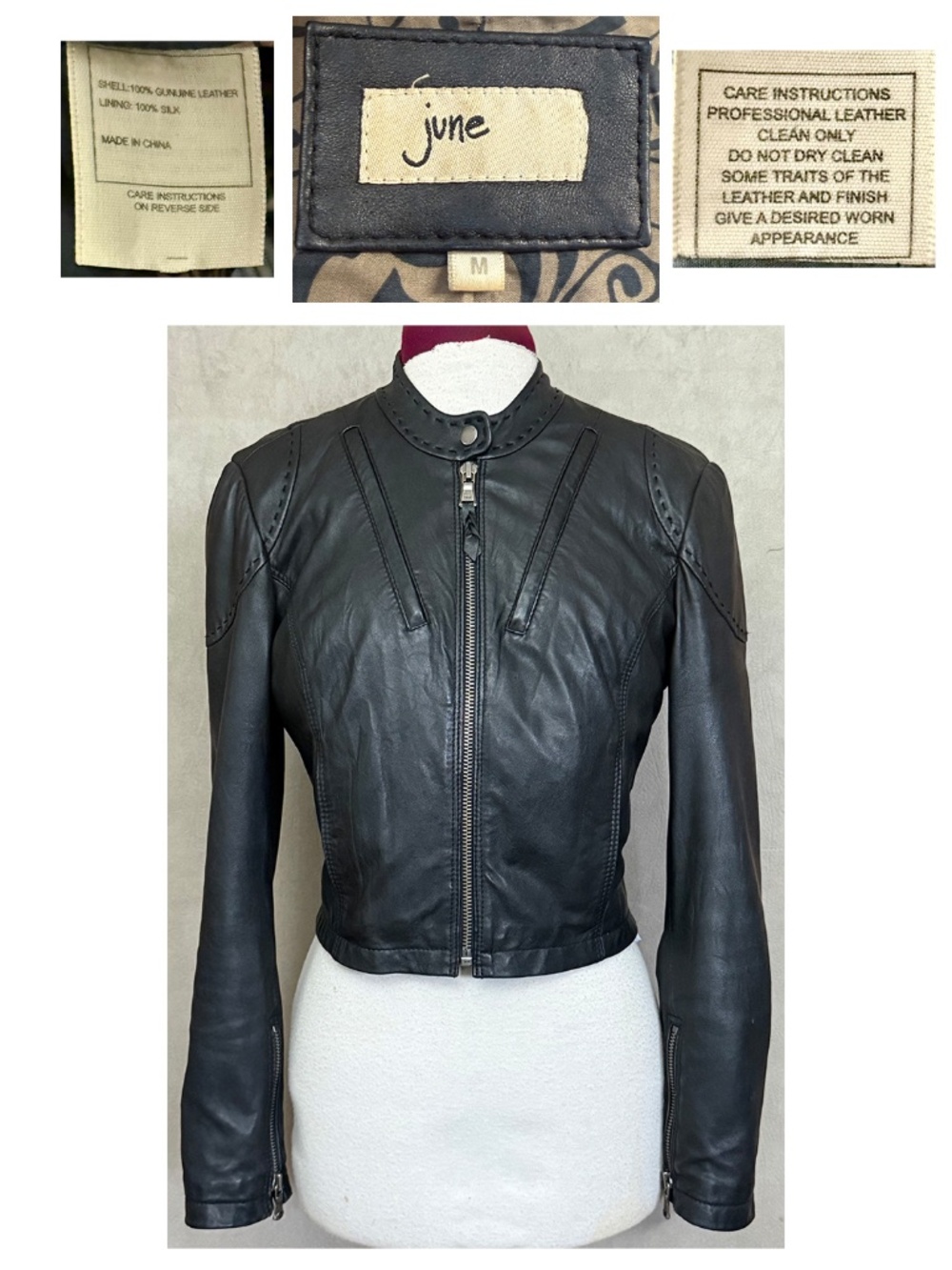 June Black 100% Leather Silk Lined Cropped Moto Jacket Nordstrom Medium EUC